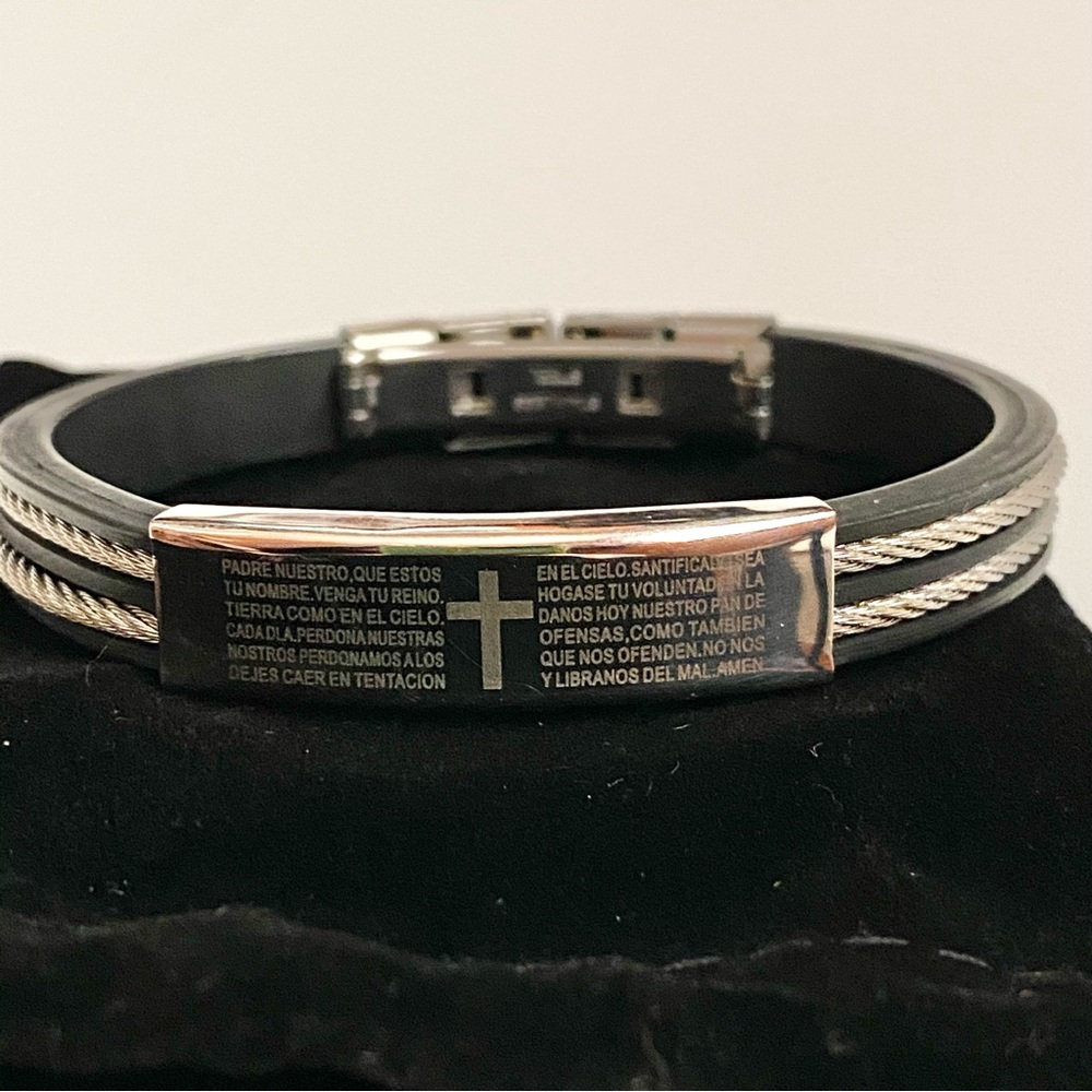 Mens Steeltime Stainless Steel + Rubber Bracelet Our Father Prayer in Spanish